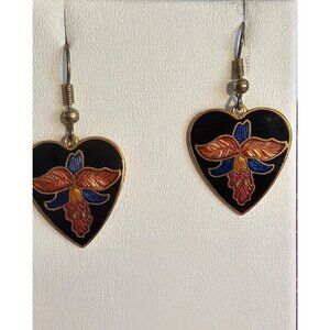 Vintage Cloisonne Dangle Earrings Gold Tone Heart Flowers Hooks 1.5" Estate